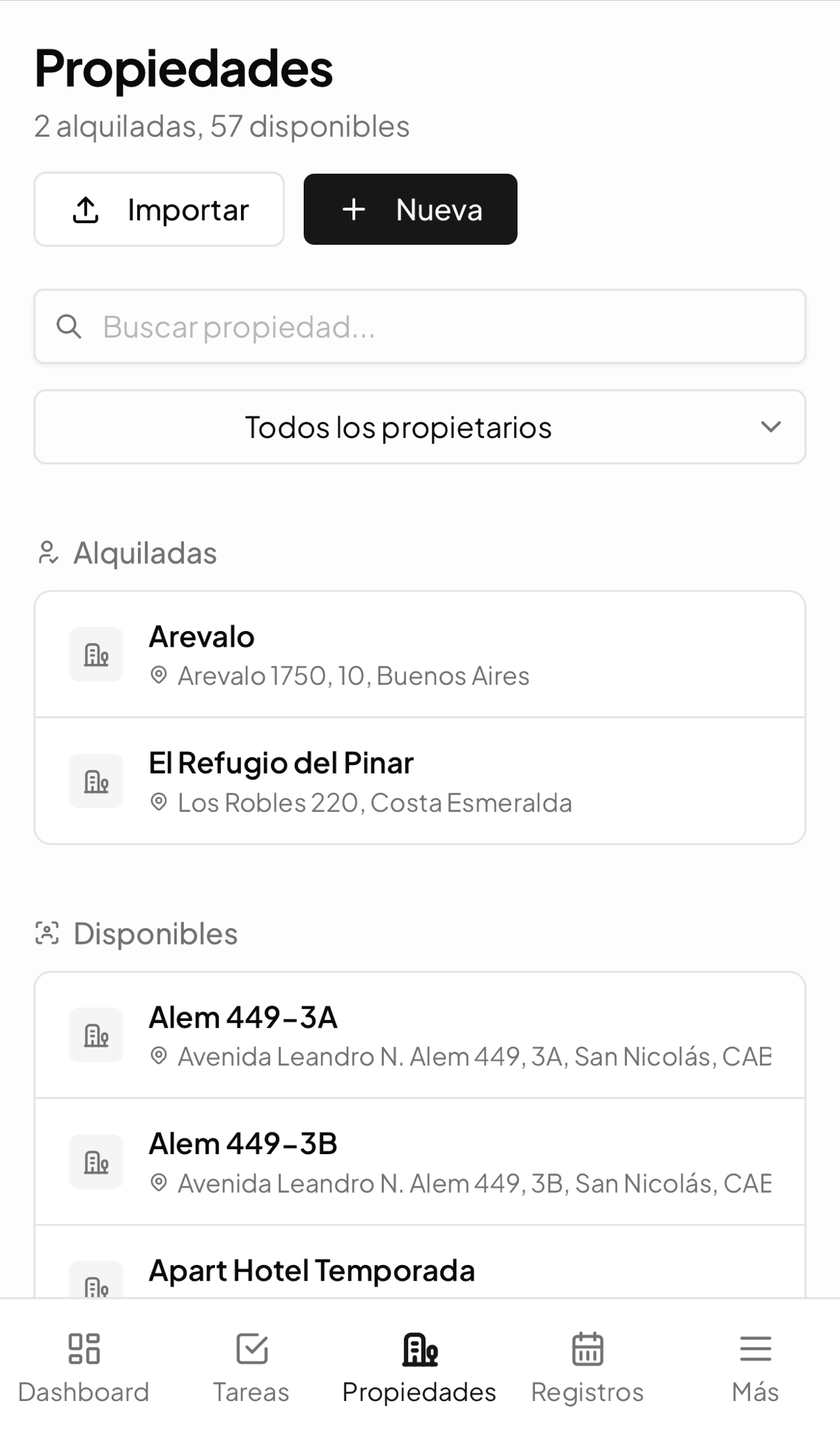 Lista de propiedades en Rentik